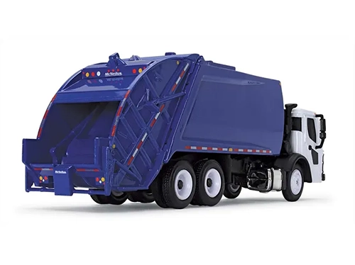 White/Blue Mack LR With McNeilus Meridian Front Load Refuse Truck And Trash Bin