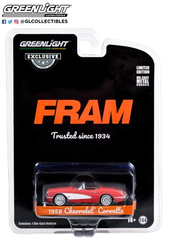 Greenlight 1:64 scale 1958 Chevrolet Corvette "FRAM Oil Filters - Trusted Since 1934"