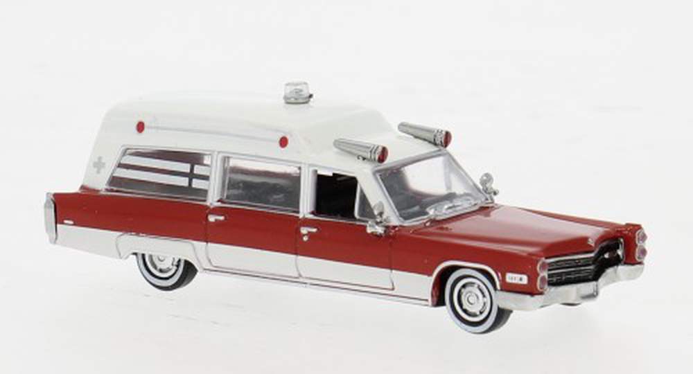 Brekina 1:87 Scale 1966 Cadillac Miller Meteor Ambulance (White/Red)